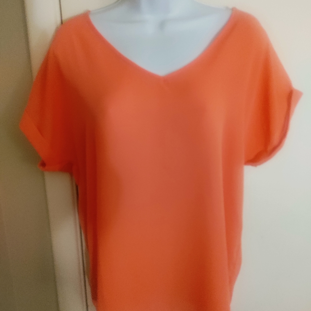 💸LAST CHANCE- PINK ROSE Vibrant and bright Coral color sheer V-neck top!Sz.L